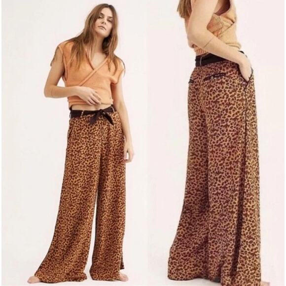 Free People Bennie Wide Legged Animal Print Flowing High Waisted Belted Pants - Picture 2 of 16